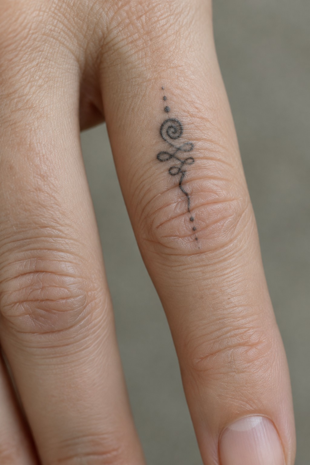 Close-up of finger with black spiral, loops, and dotted tattoo design on skin