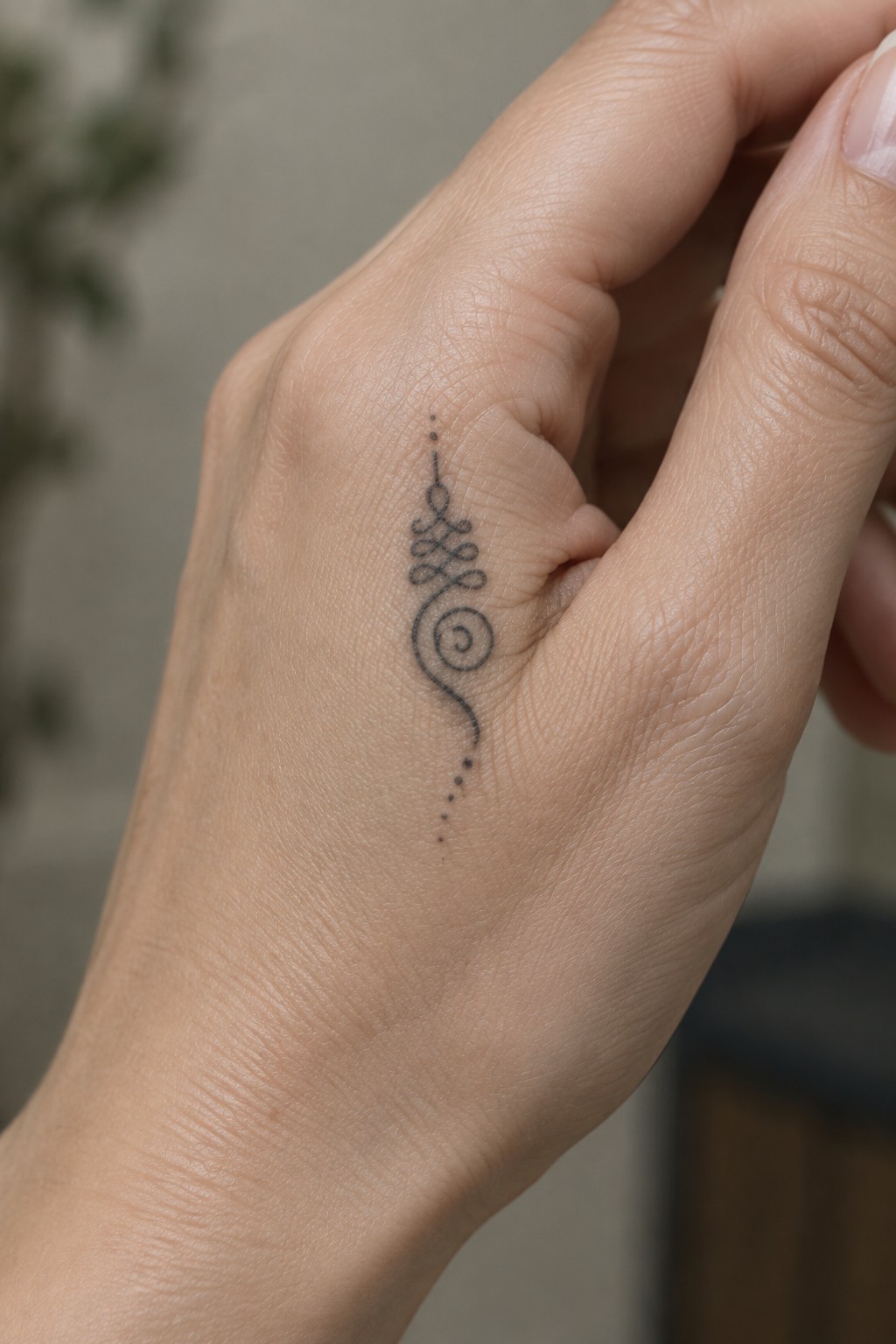 Small unalome tattoo with spiral and loops placed vertically on the side of the hand