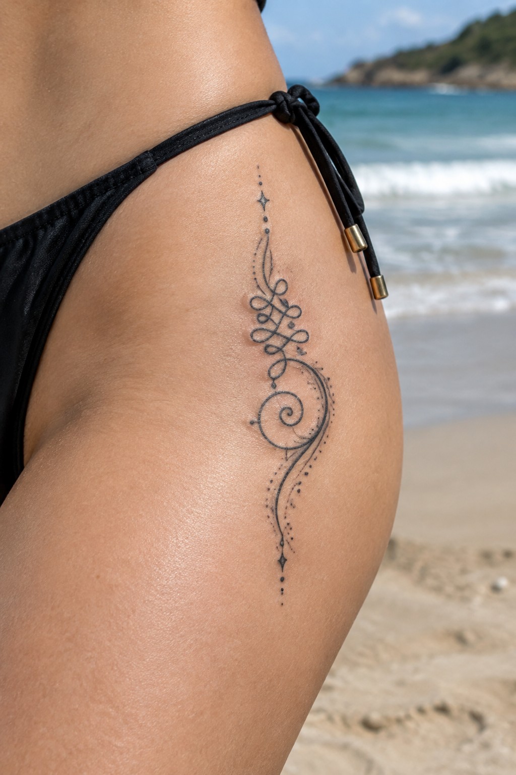 Black bikini on hip with ornate swirling tattoo by ocean waves
