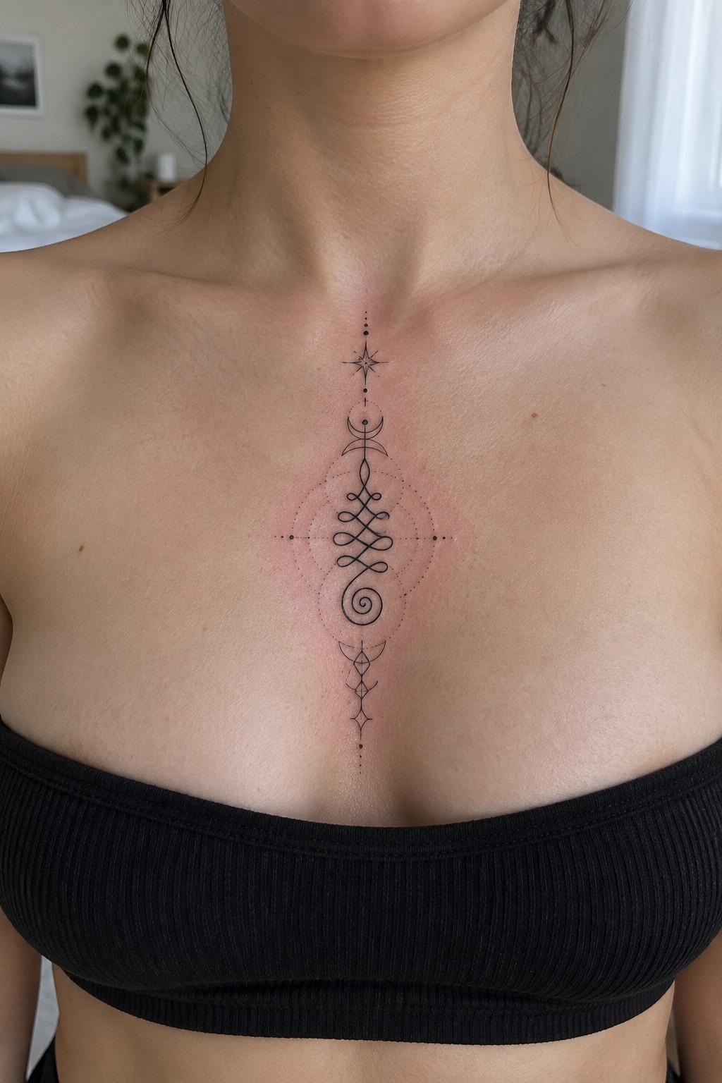 Delicate black unalome tattoo centered vertically on a woman's chest with moons, spiral, and star in fine linework.