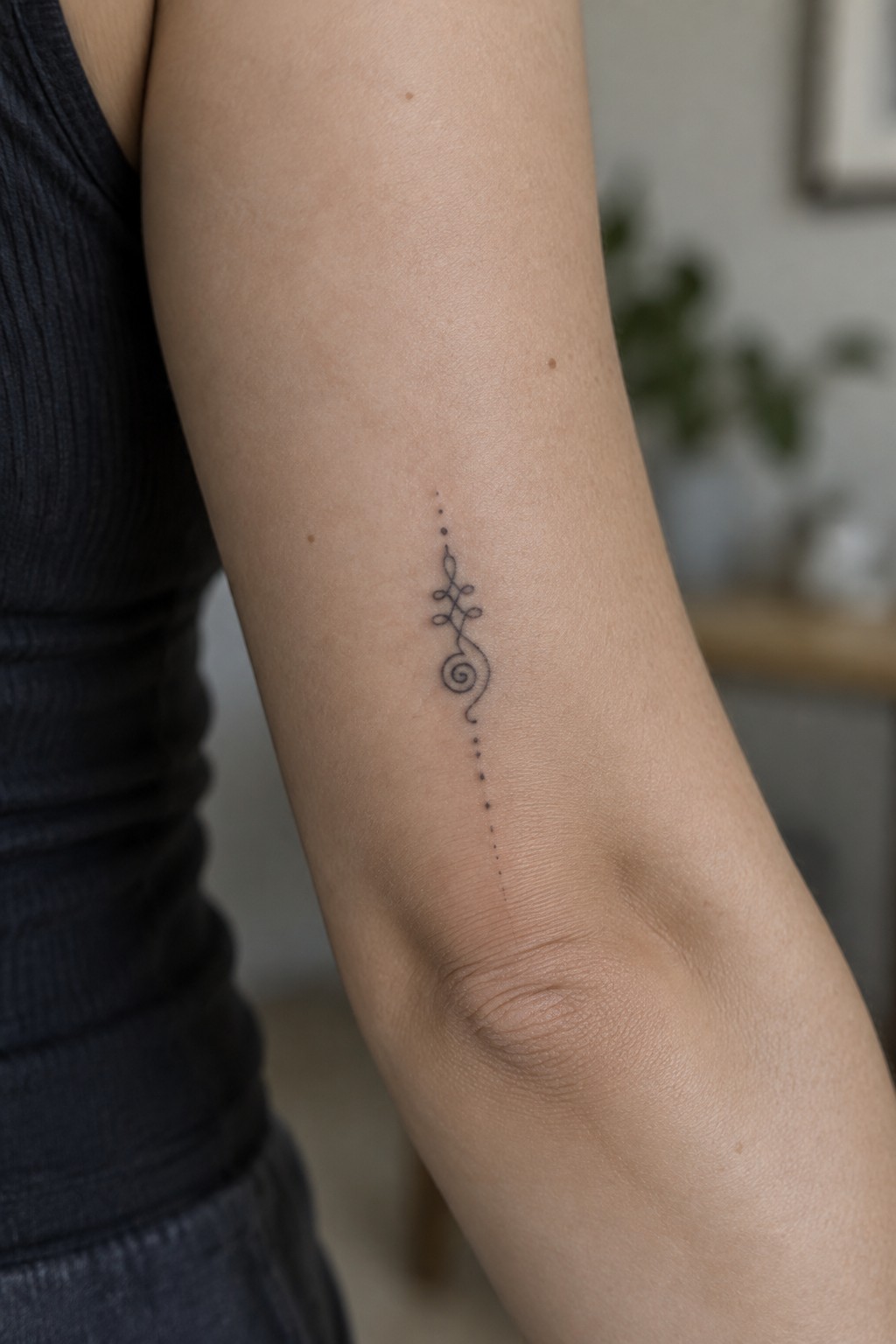 Black spiral tattoo with loops and dotted lines on inner forearm