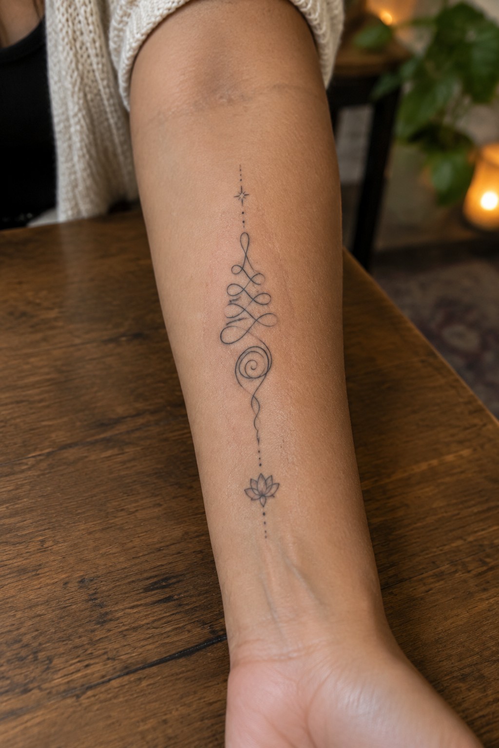 Vertical unalome tattoo with a star at the top, flowing lines and spiral in the center, and a lotus flower at the bottom on the inner forearm.