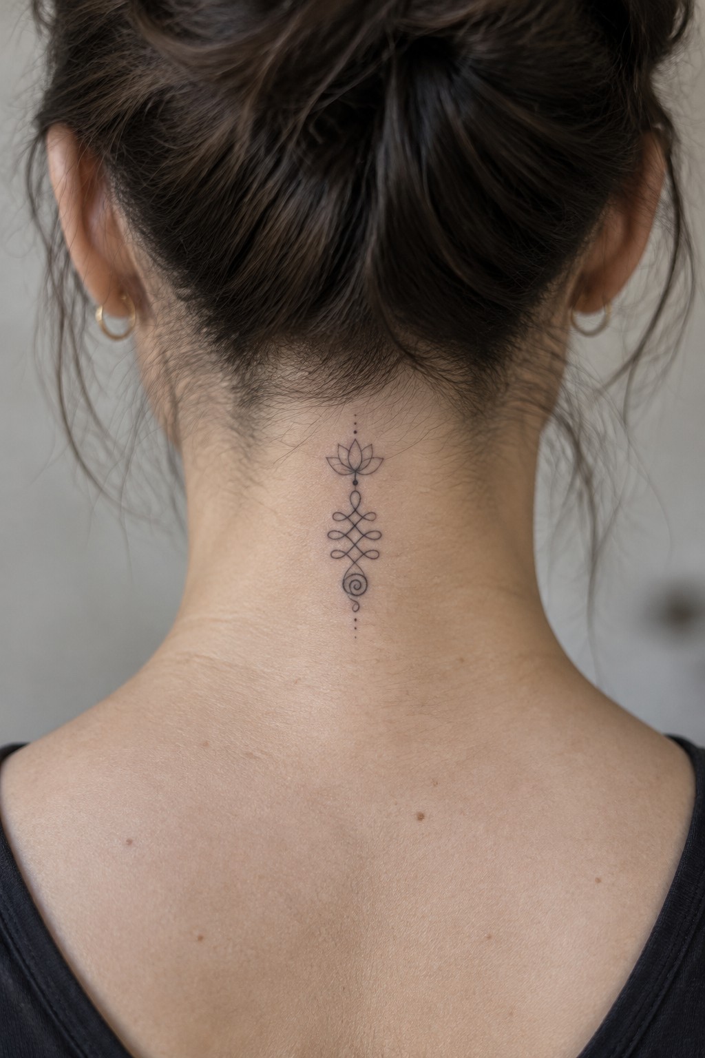 Woman's neck with black lotus and geometric tattoo above black top