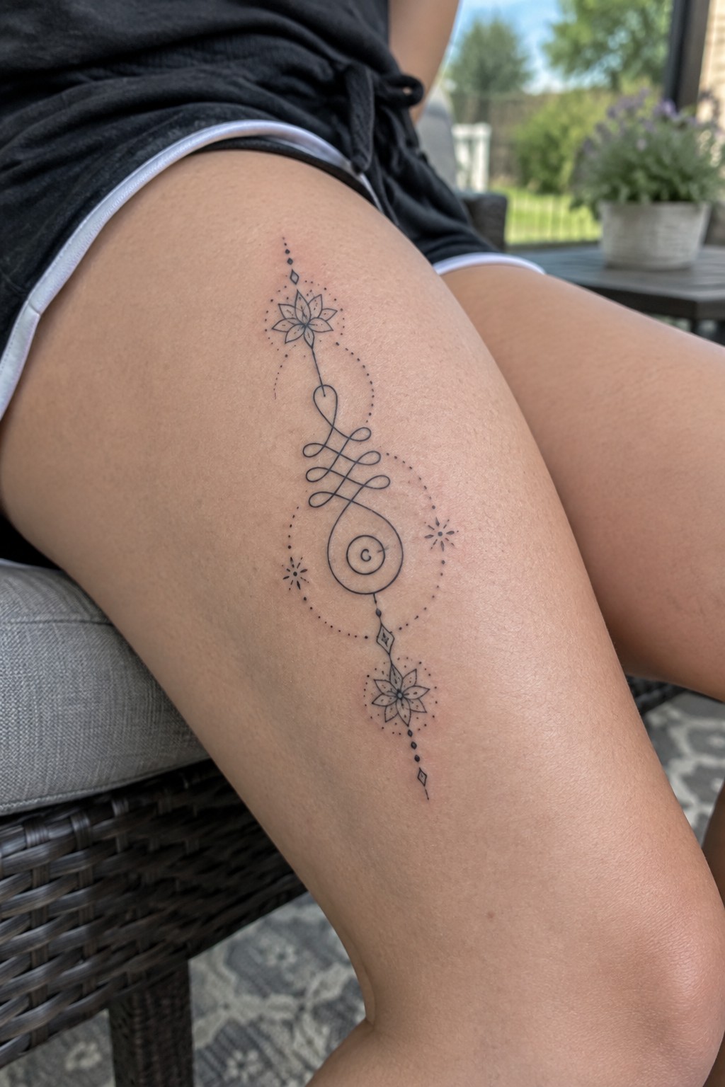 Thigh with black ornamental tattoo of flowers, spirals, and dots above shorts