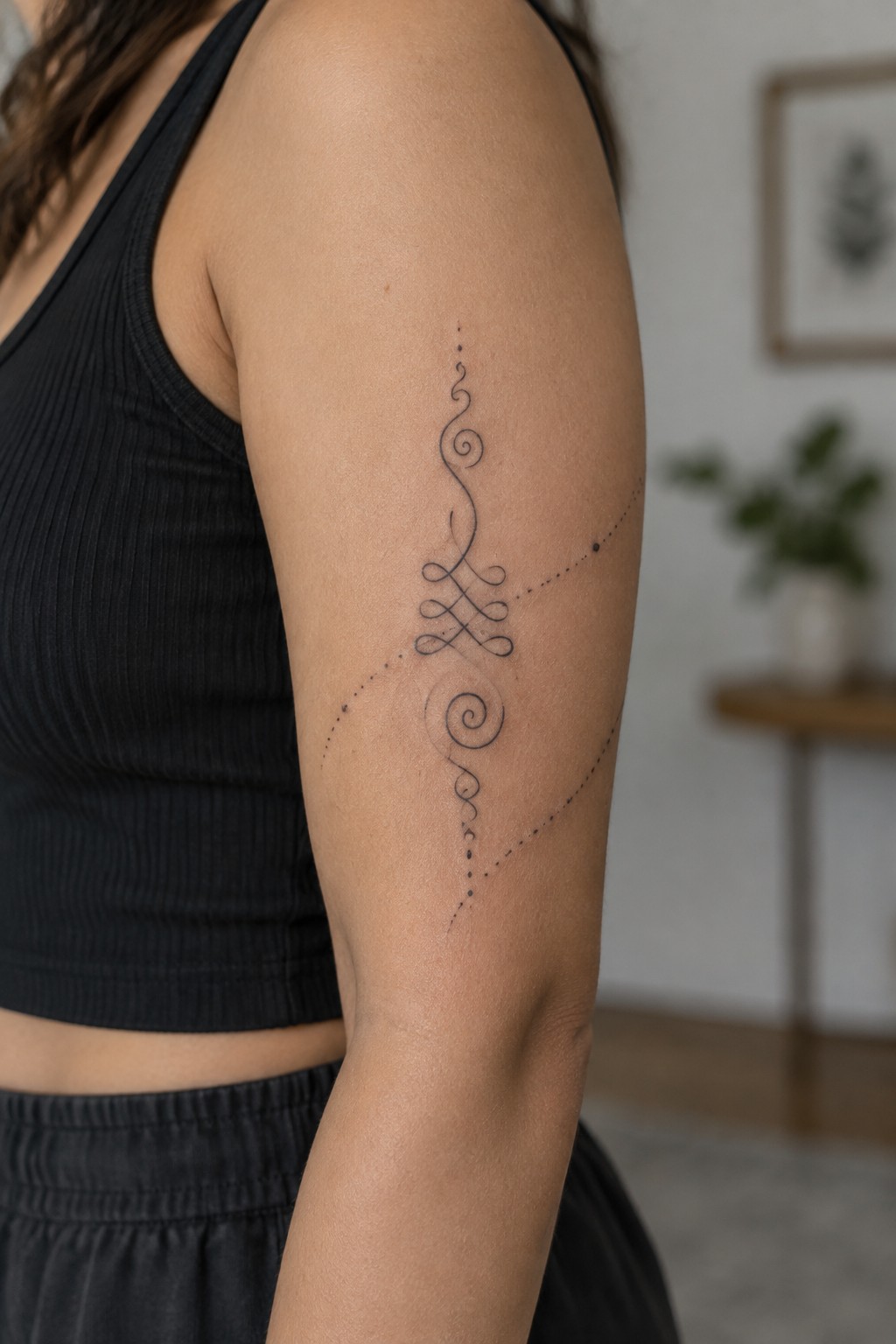 Woman's arm with ornate black swirl tattoo, wearing ribbed black tank top indoors