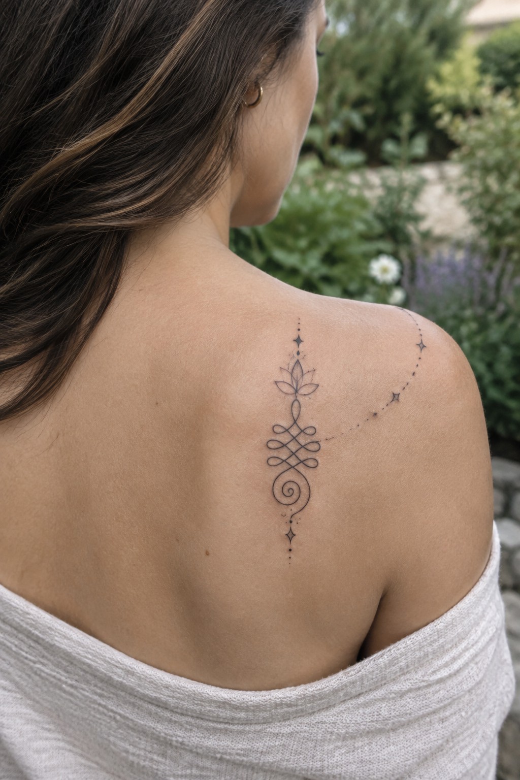 Woman's back with black lotus tattoo and stars, white off-shoulder top, outdoor background