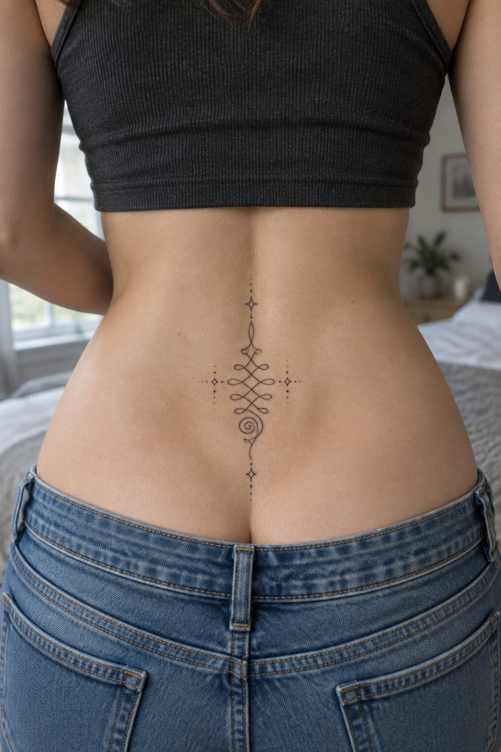 Woman's lower back with intricate symmetrical tattoo above blue jeans and black top.