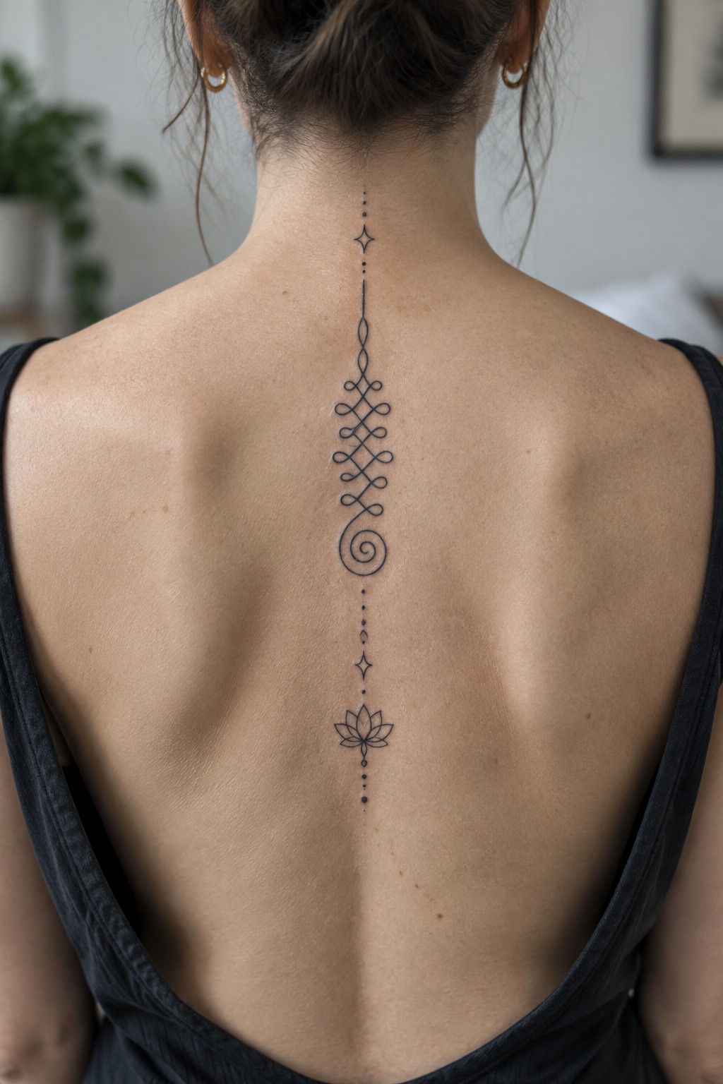 Woman's back with long black spine tattoo of geometric patterns and lotus flower.