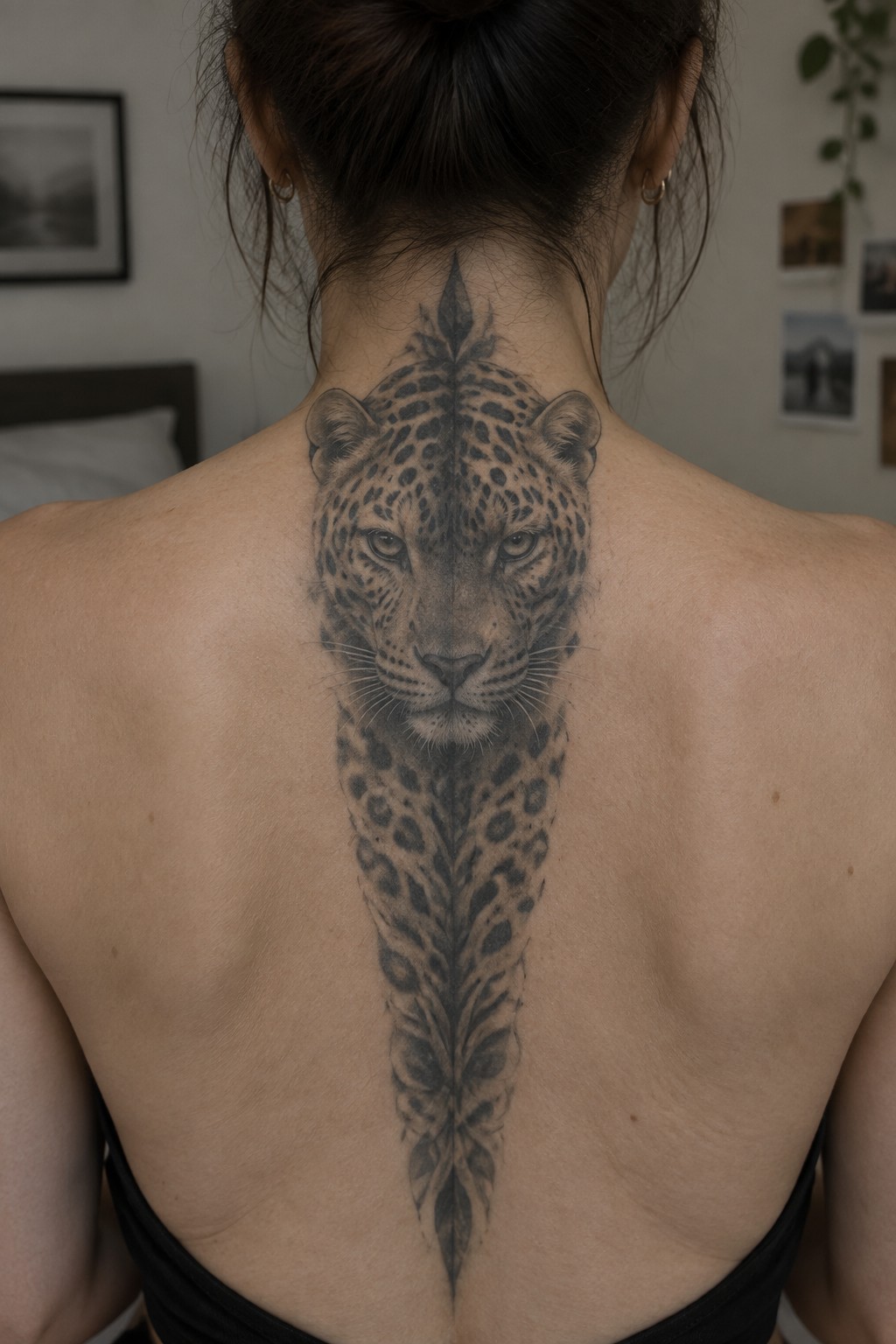Woman's back with large symmetrical leopard tattoo down the spine.