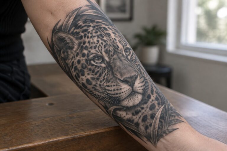 20 Striking Jaguar Tattoos for Women Using Realistic Black-and-Gray Shading Realistic black-and-gray leopard tattoo with leaves on forearm resting on wooden bench