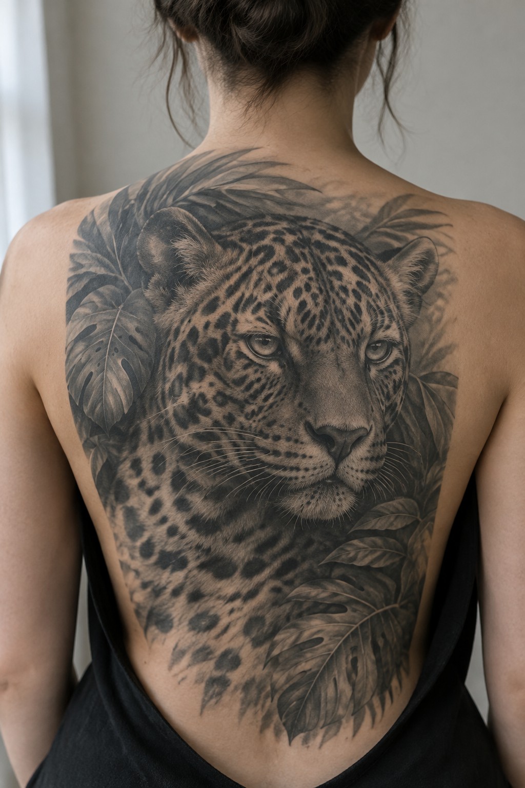 Woman's bare back with large realistic leopard tattoo amid dark tropical leaves.