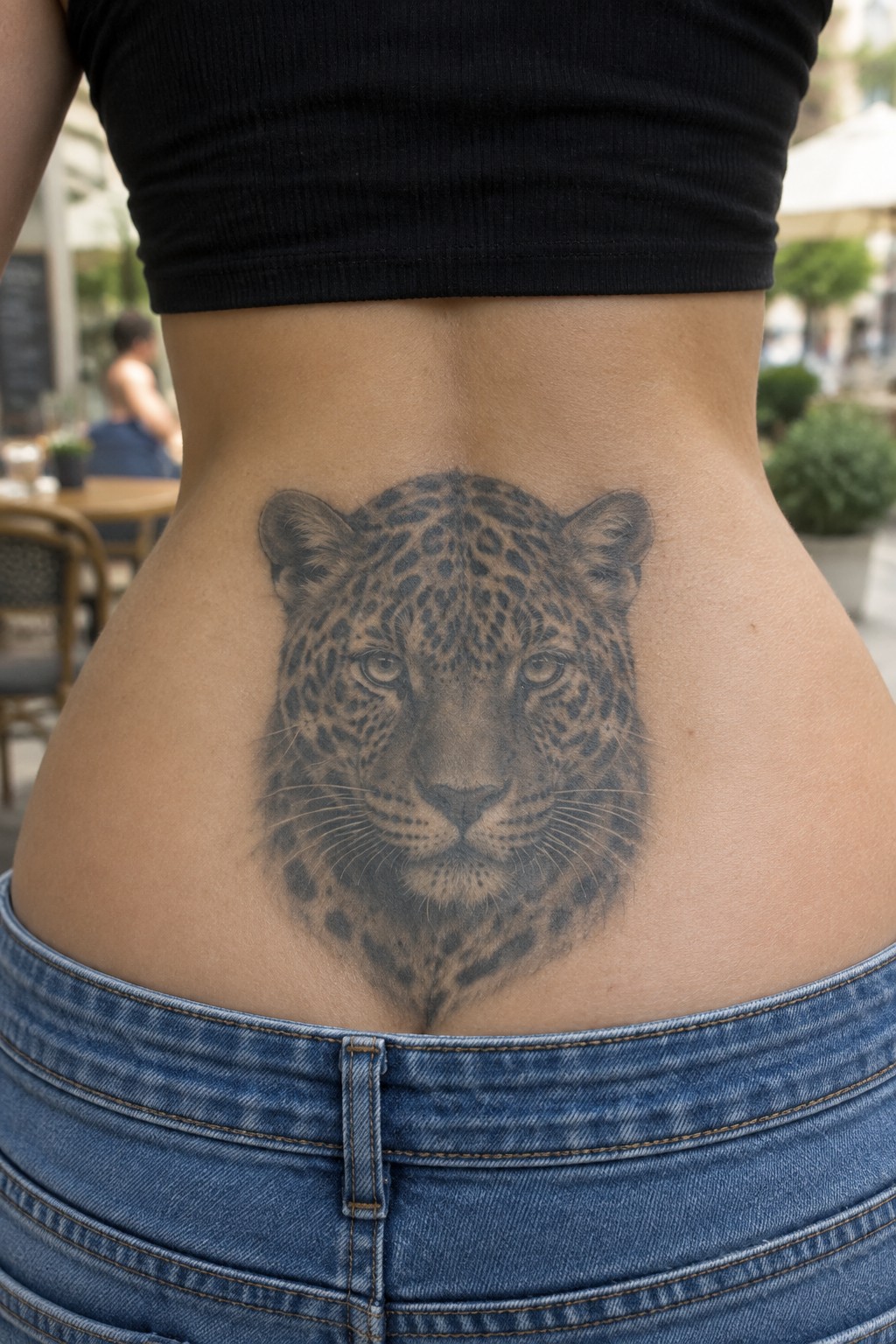 Realistic leopard tattoo on lower back between black crop top and blue jeans.