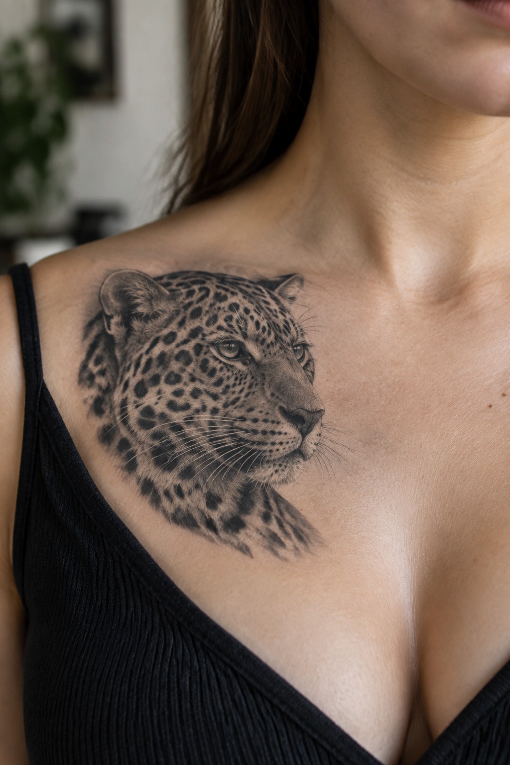 Realistic black-and-gray leopard tattoo on woman's shoulder and chest above black top.