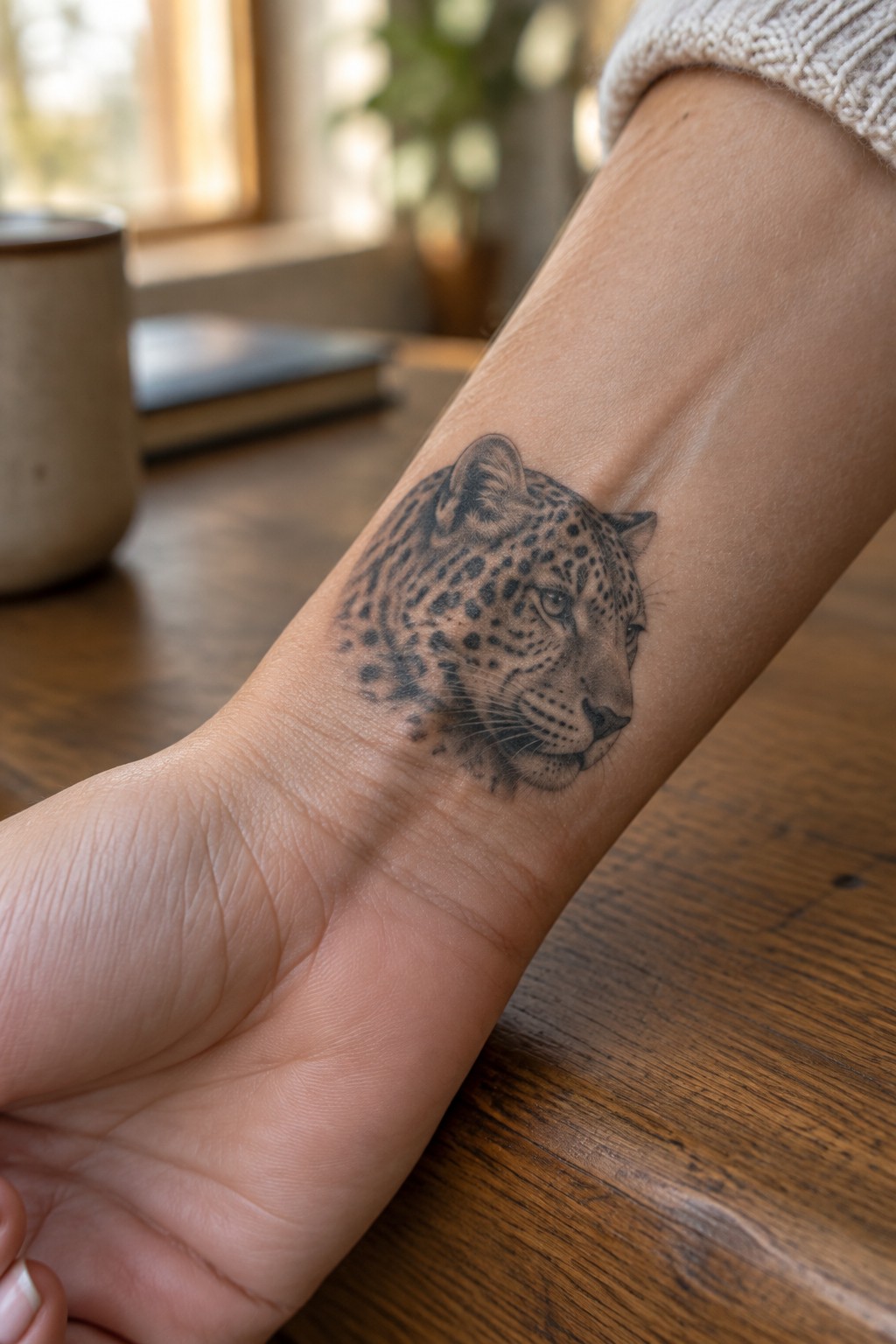 Realistic black and gray jaguar head tattoo on the inner forearm showing detailed shading on the spots and face.