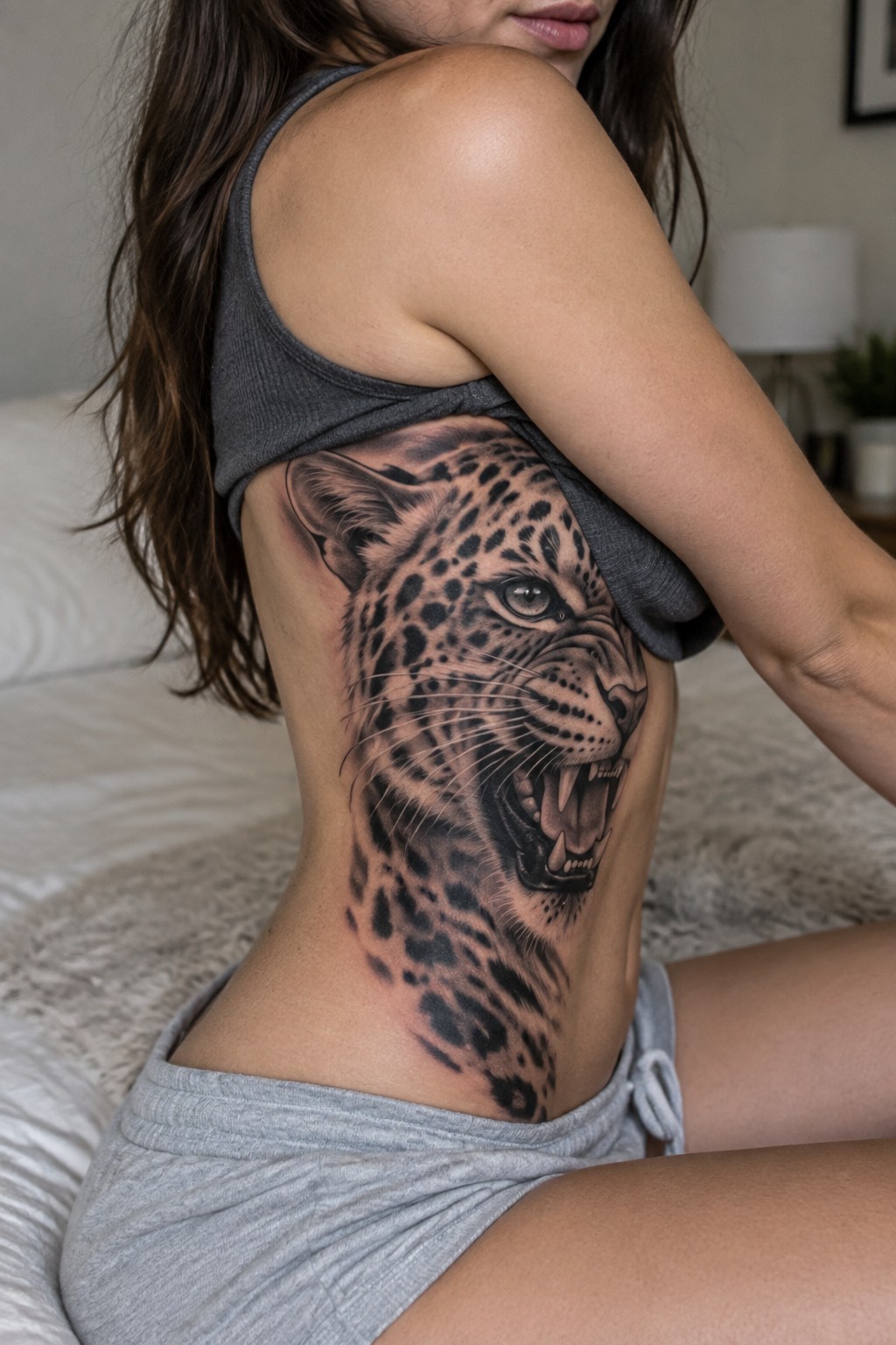 Woman in gray tank top with roaring leopard tattoo on side sitting on bed