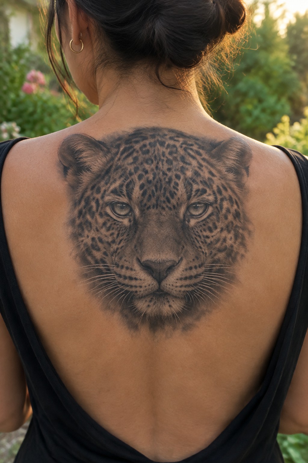 Woman's upper back with large realistic leopard tattoo, black tank top, hair in bun