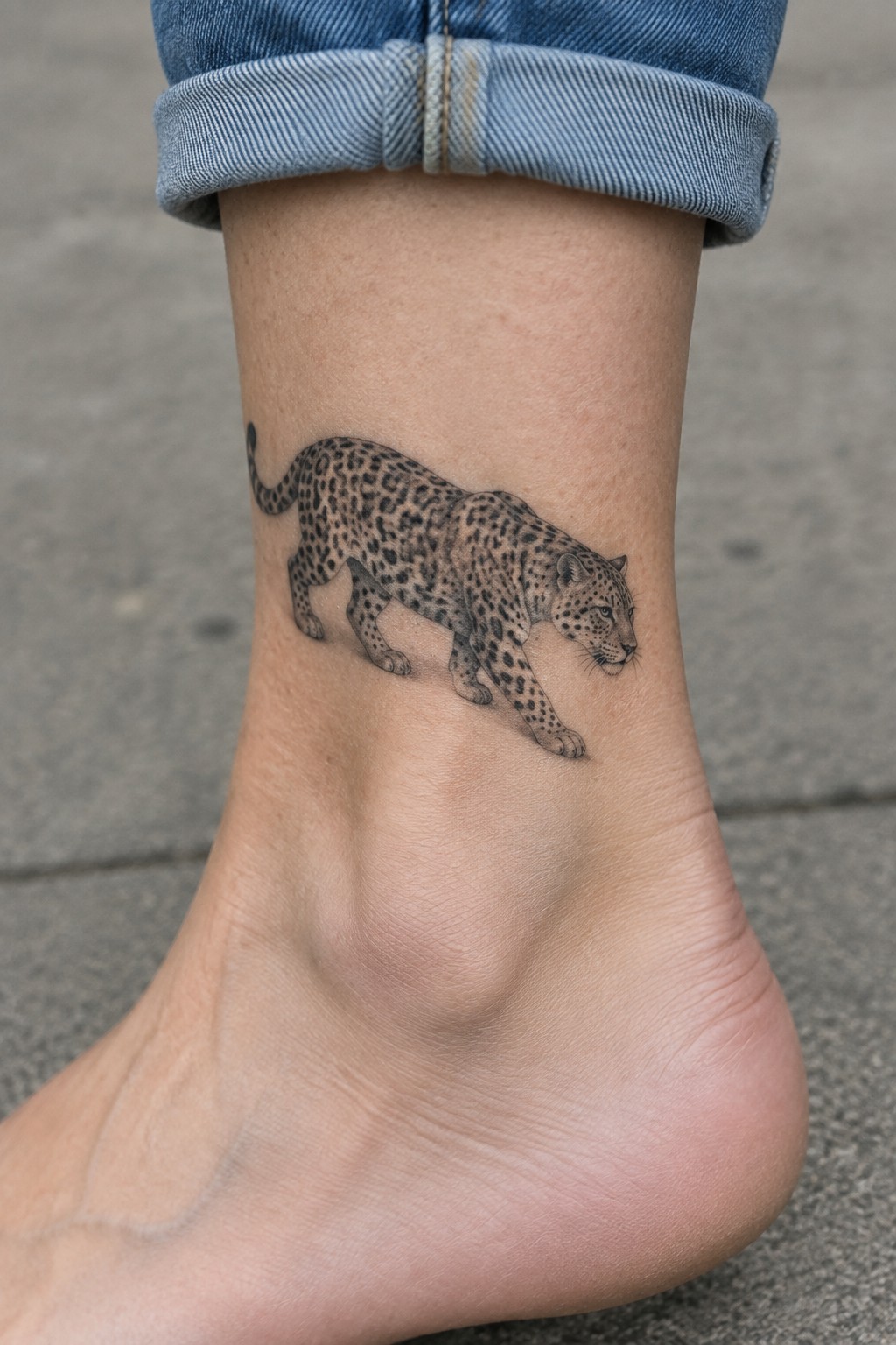Realistic leopard tattoo on ankle below rolled cuff of blue jeans