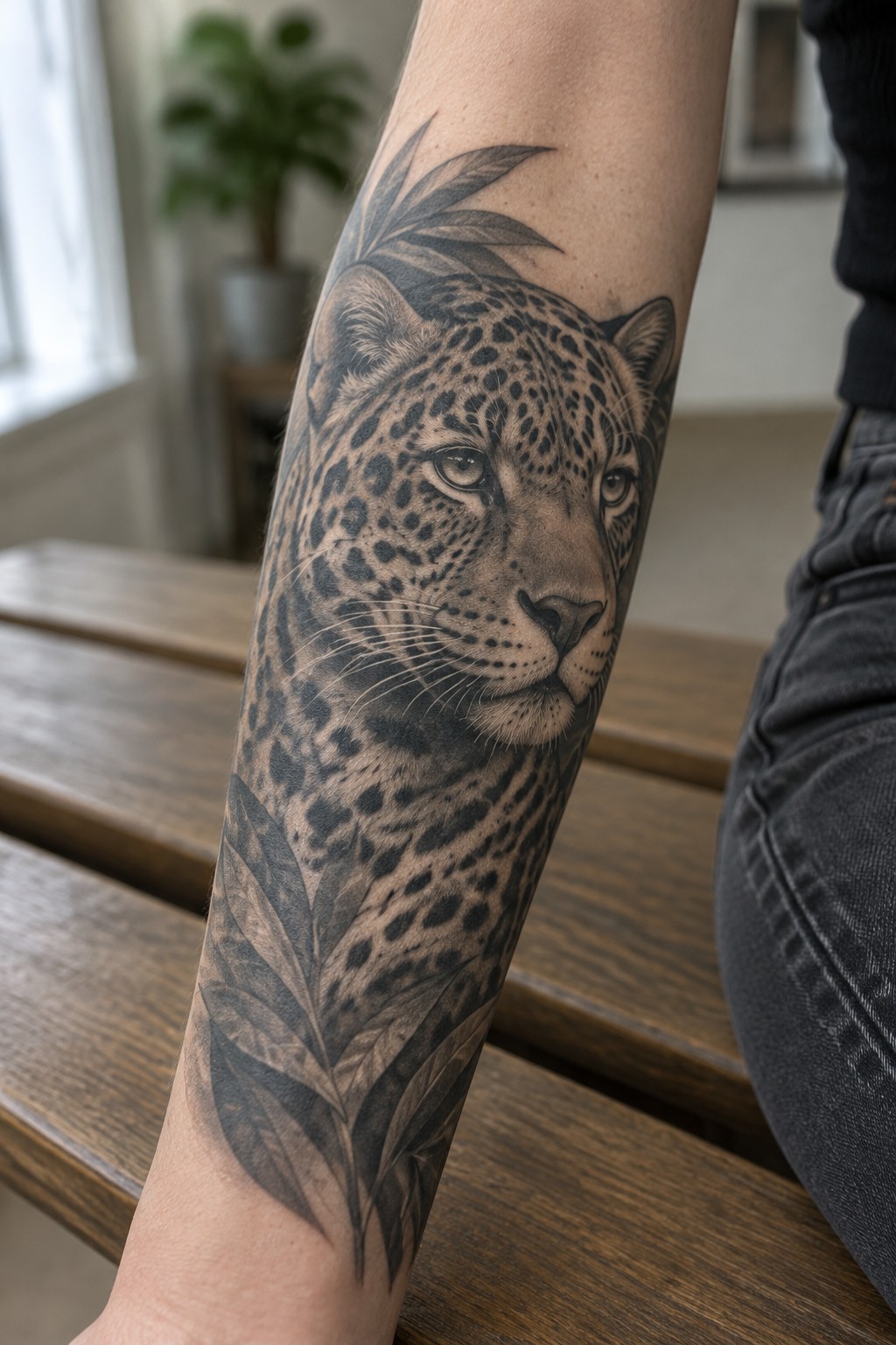 Realistic black-and-gray leopard tattoo with leaves on forearm resting on wooden bench