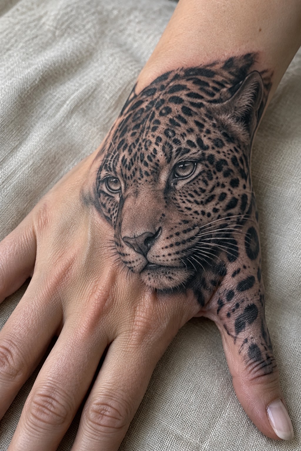 Realistic black-and-gray leopard face tattoo covering back of hand and fingers