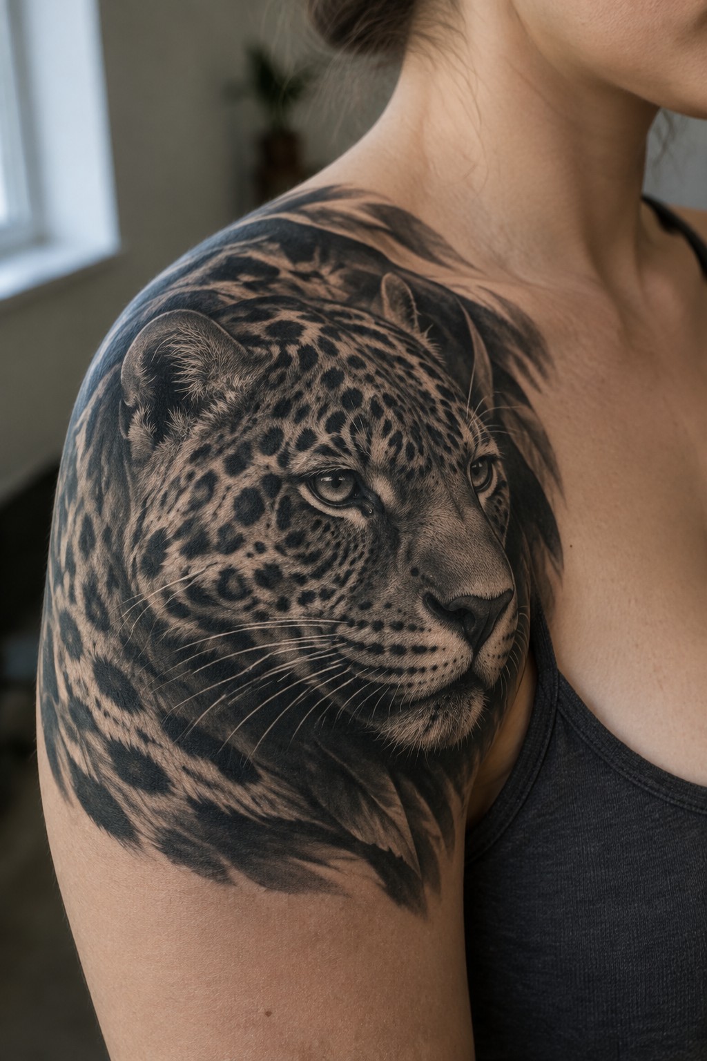 Realistic black-and-gray leopard face tattoo on a woman's shoulder and upper arm.