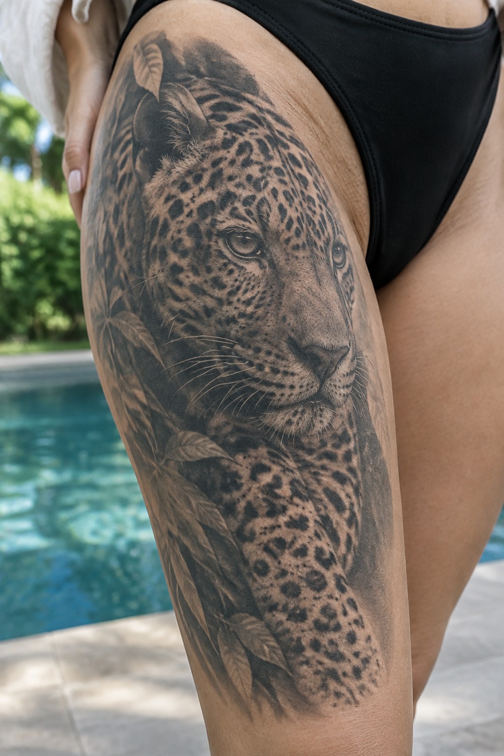 Realistic black-and-gray leopard tattoo on thigh beside swimming pool