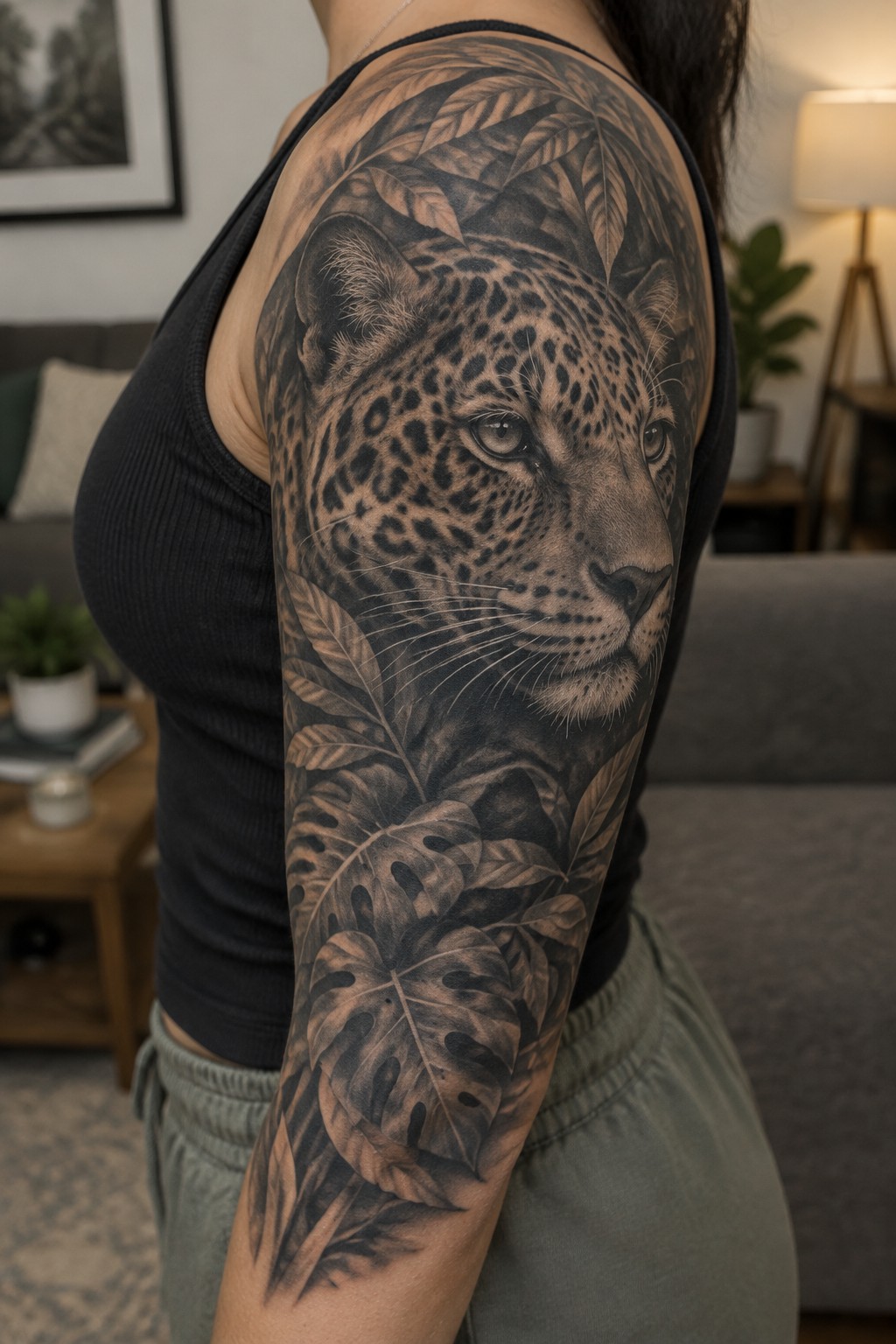 Realistic black and gray jaguar tattoo with leaves covering a woman's upper arm and shoulder.