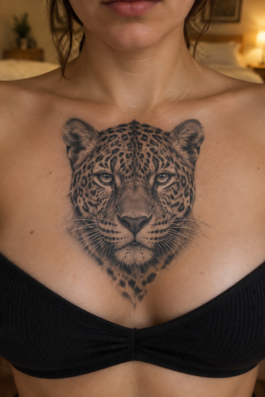 Large leopard tattoo on woman's chest above black ribbed top in bedroom