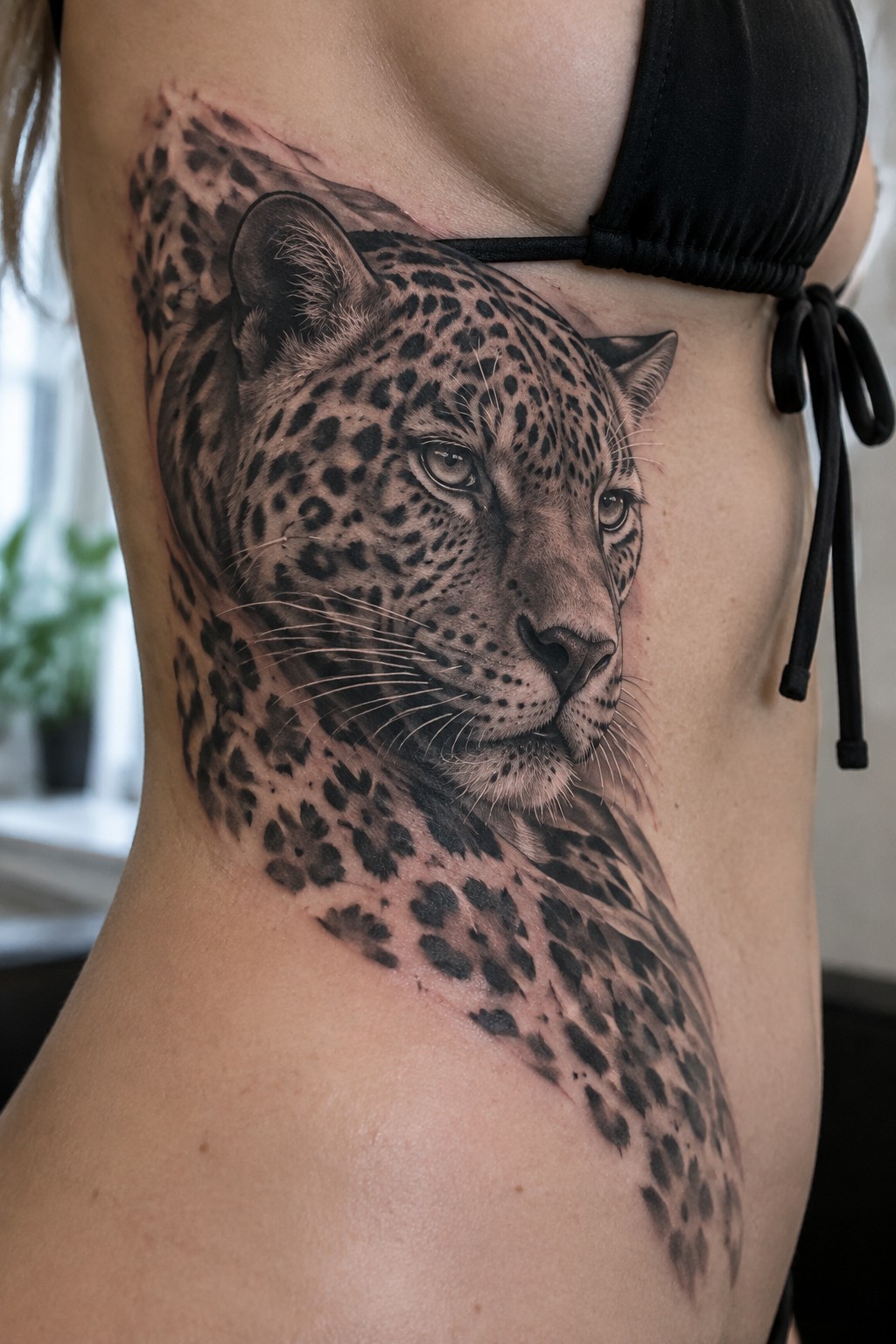 Detailed black-and-gray leopard tattoo on woman's side under black bikini top.