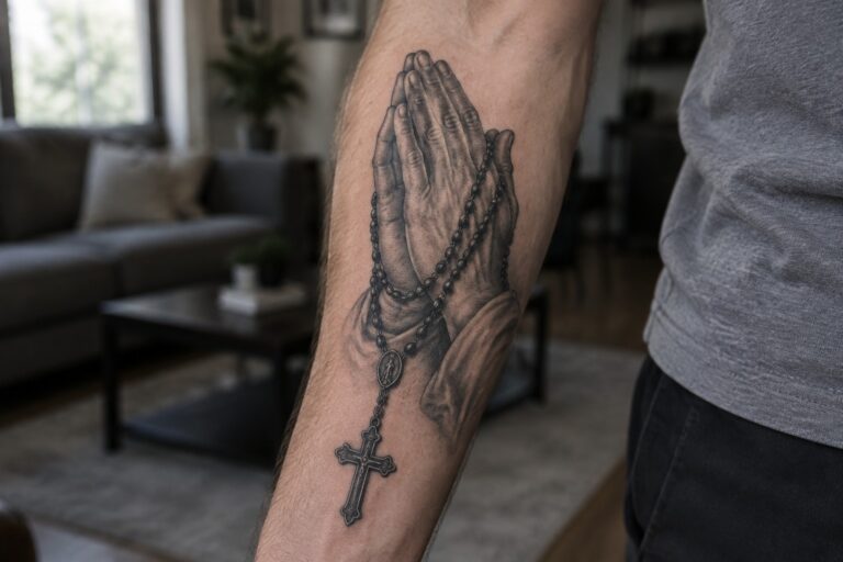 22 Timeless Praying Hands Tattoos for Men Paired with Rosaries and Crosses Black and gray realistic tattoo of praying hands holding a rosary with a cross on a man's inner forearm