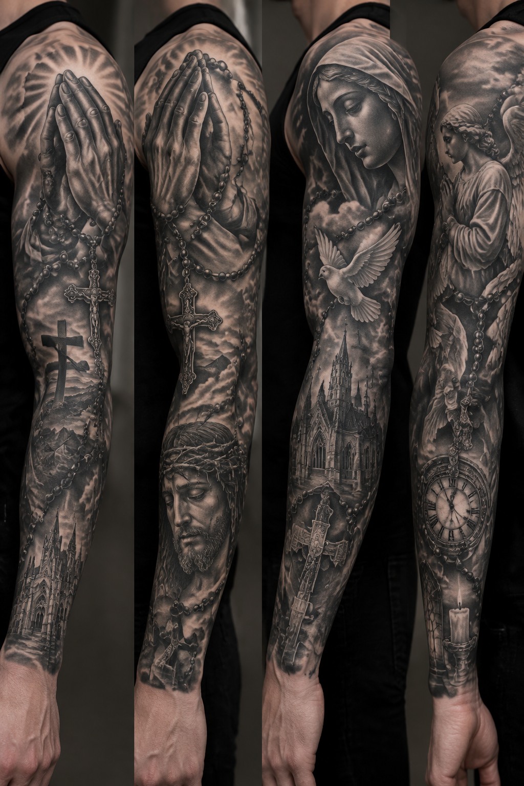 Black and gray religious sleeve tattoos on arm with Jesus, rosary, and cathedral.