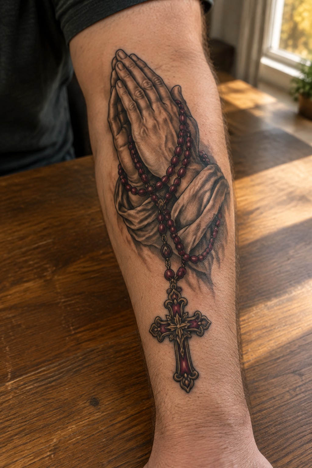Detailed tattoo of praying hands with red rosary beads and ornate cross on forearm.