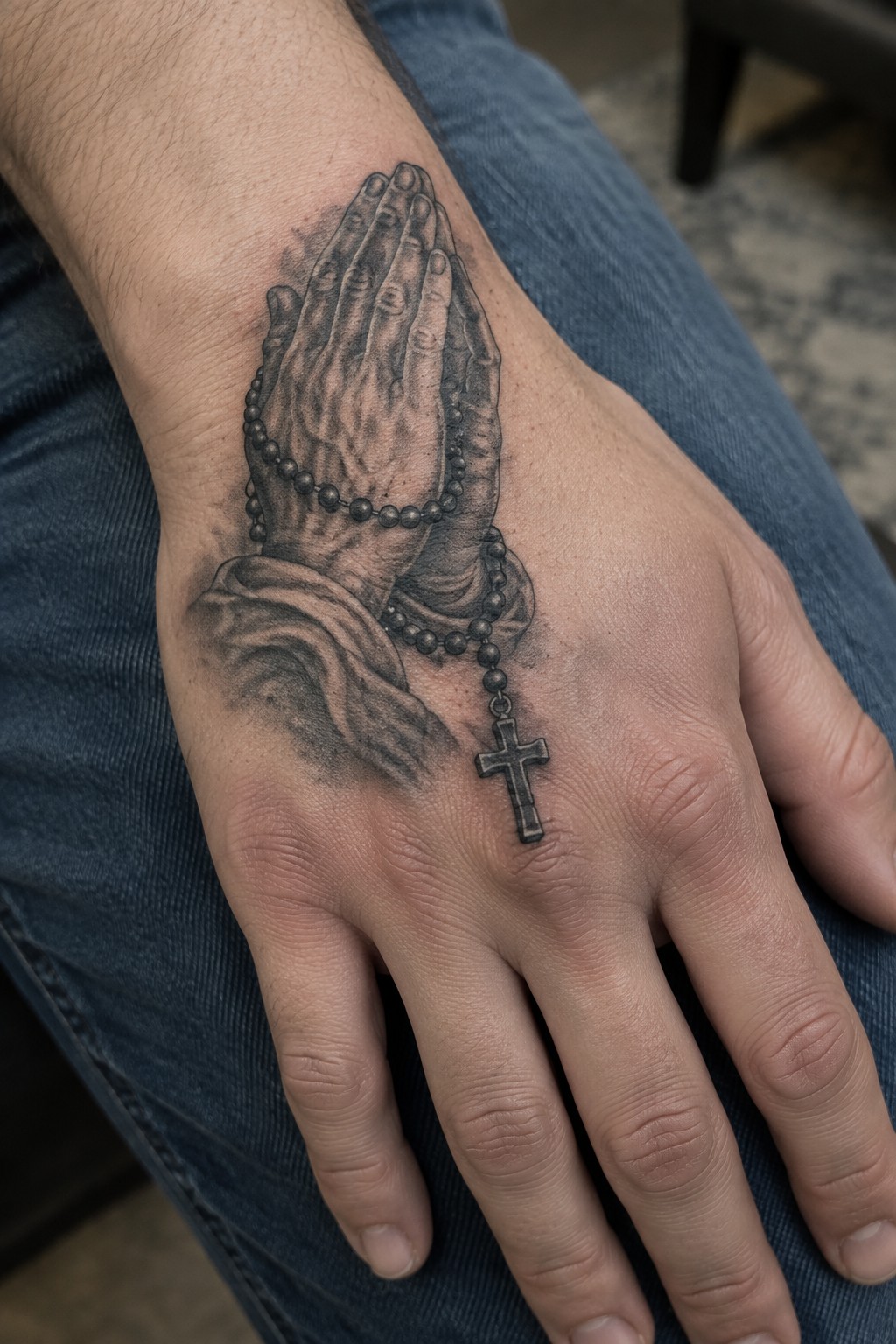 Black and gray praying hands rosary tattoo on hand over blue jeans