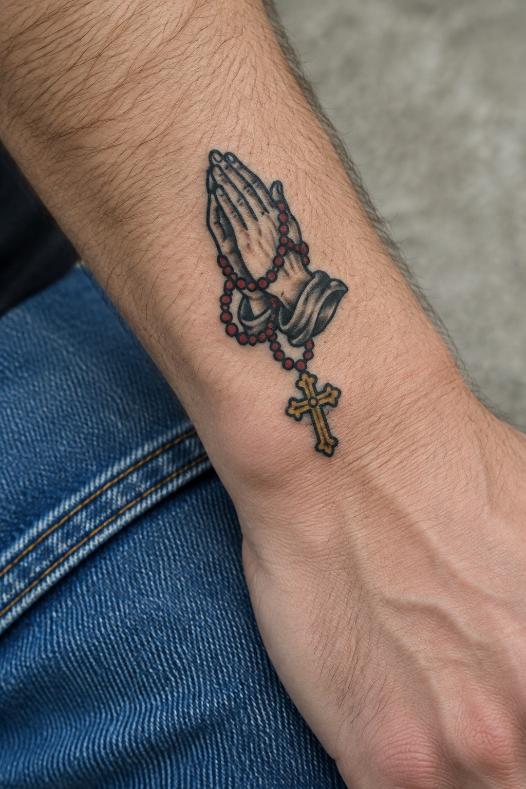 Rosary tattoo of praying hands with red beads and gold cross on arm over jeans