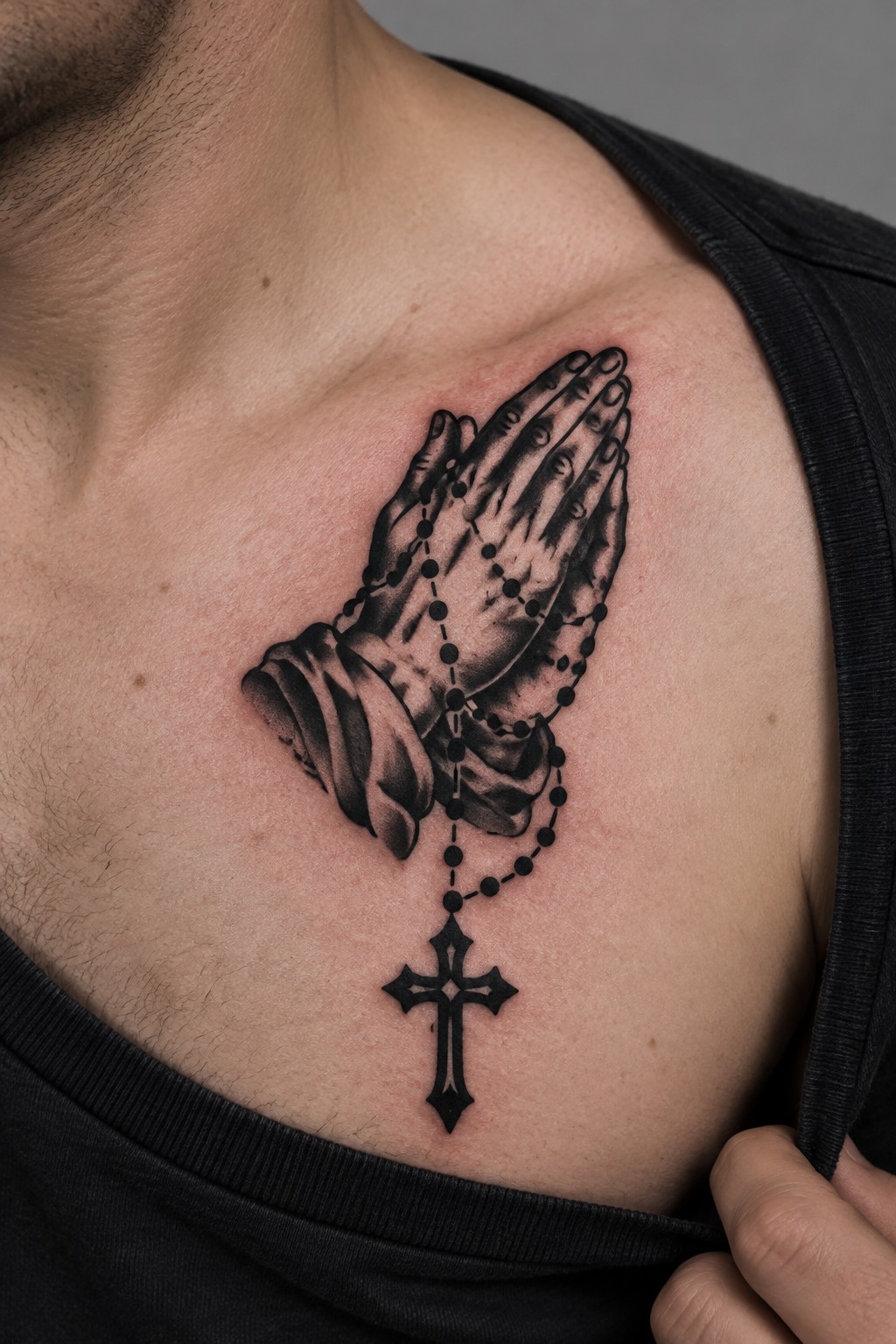 Black and gray tattoo of praying hands with rosary beads and cross on chest