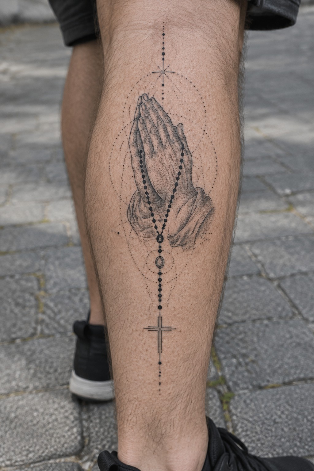 Black ink praying hands rosary tattoo with cross on hairy leg
