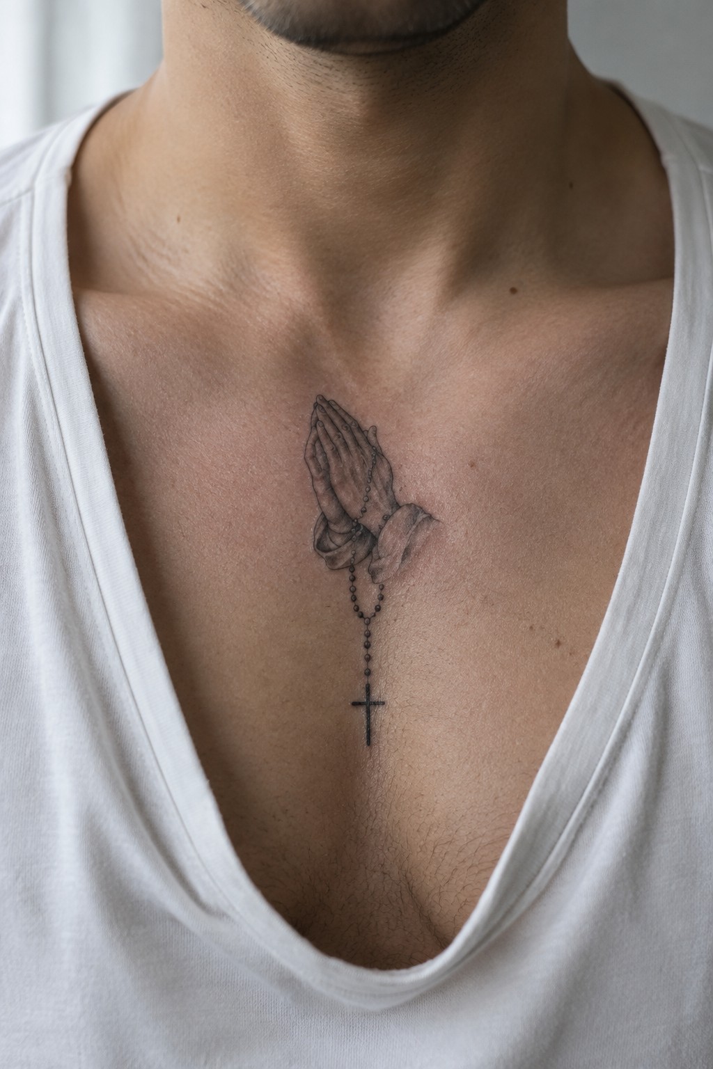 Man's chest showing praying hands rosary tattoo beneath white V-neck shirt