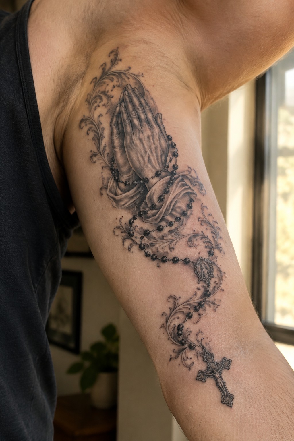 Black and gray tattoo of praying hands with rosary and cross on arm.