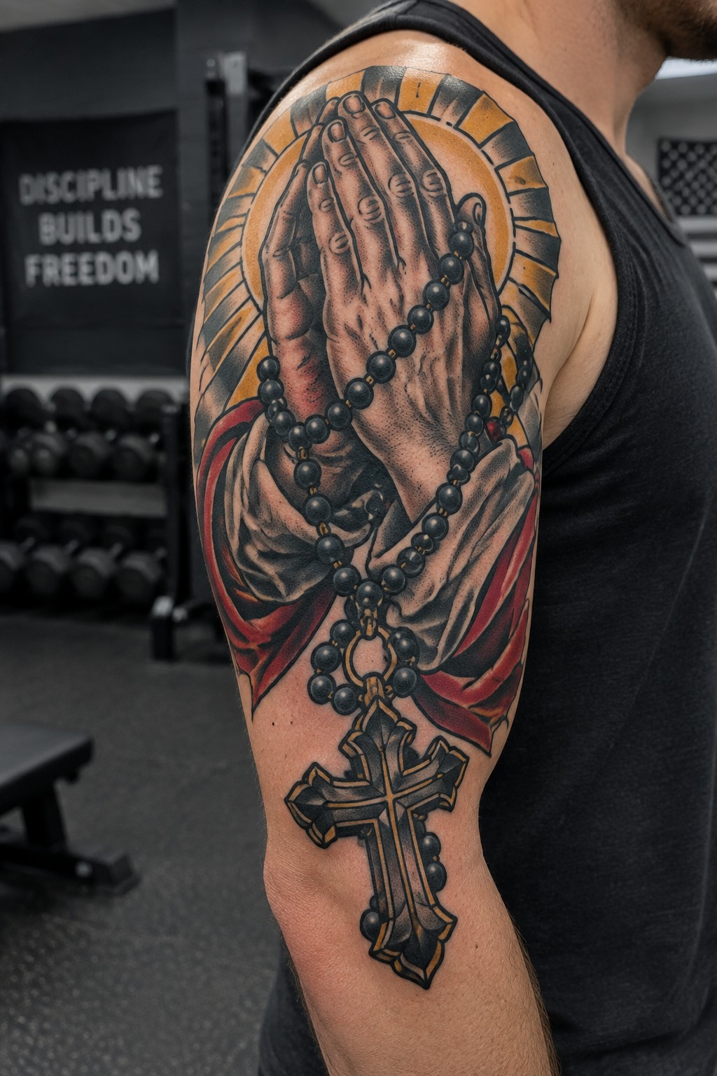 Muscular arm in black tank top with vibrant praying hands rosary cross tattoo in gym