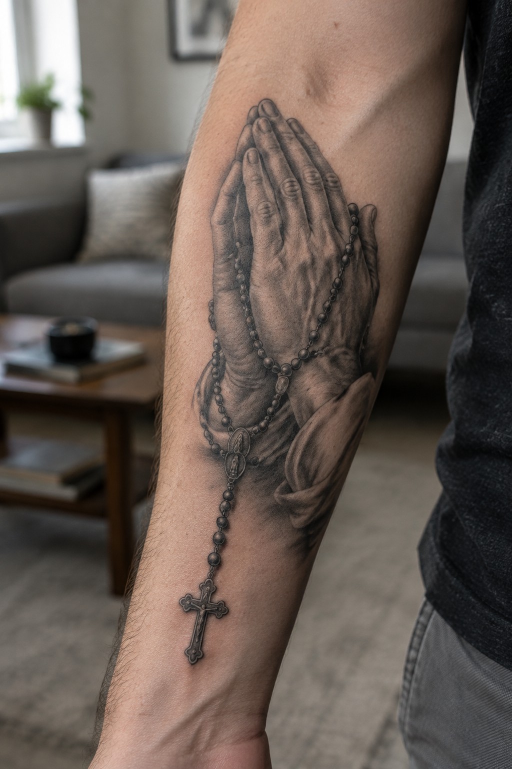 Black and gray realistic tattoo of praying hands holding a rosary with a cross on a man's inner forearm