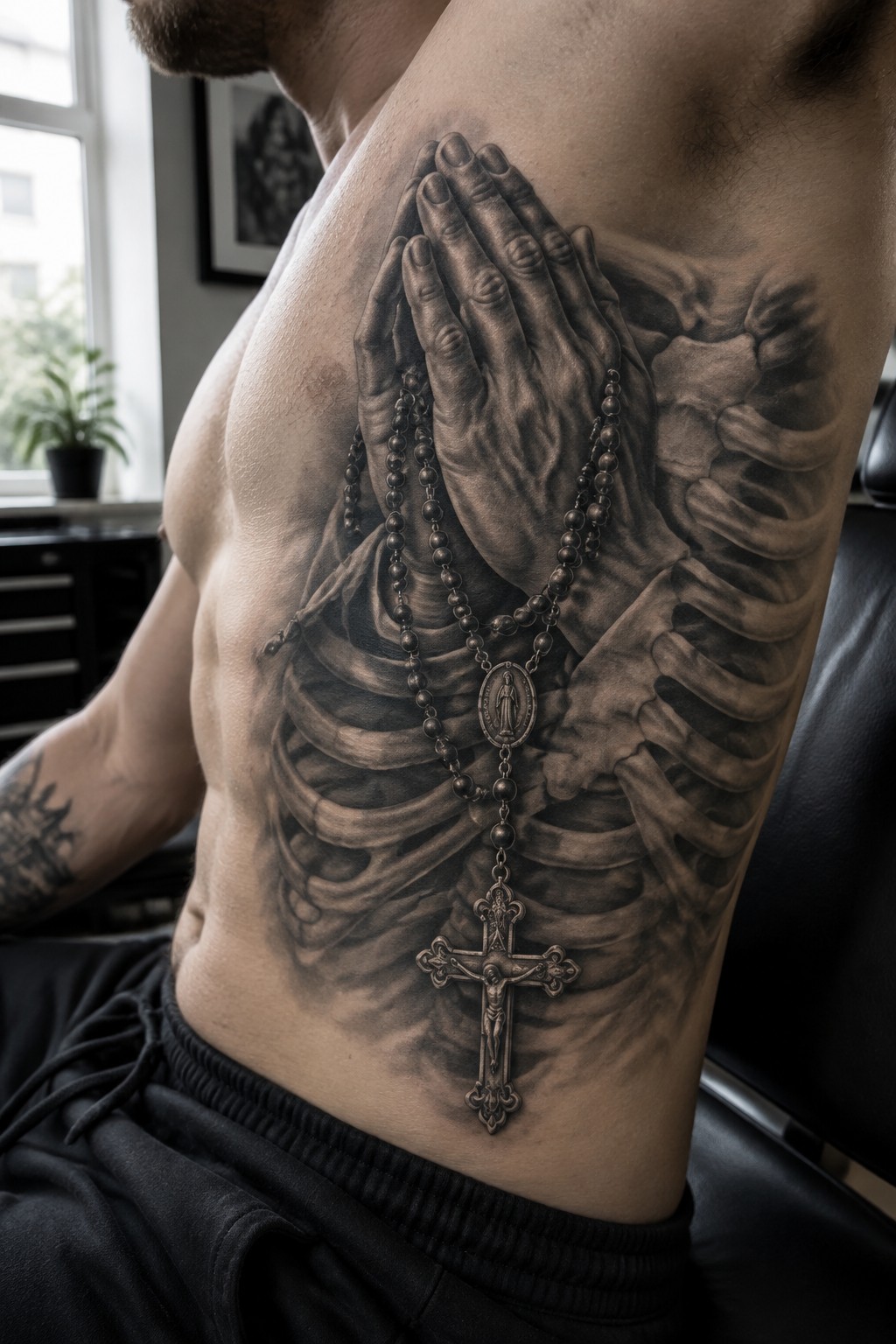 Realistic black and gray tattoo of praying hands with a rosary and crucifix on a man's ribcage area