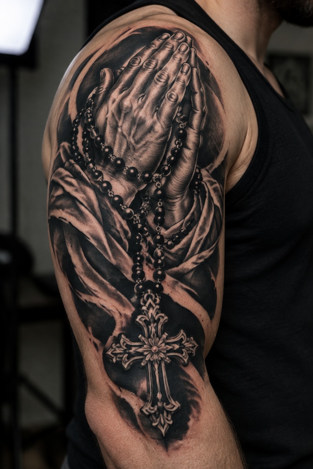 Black and gray realistic tattoo of praying hands holding a rosary with an ornate cross on a man's upper arm, wrapped in draped fabric.