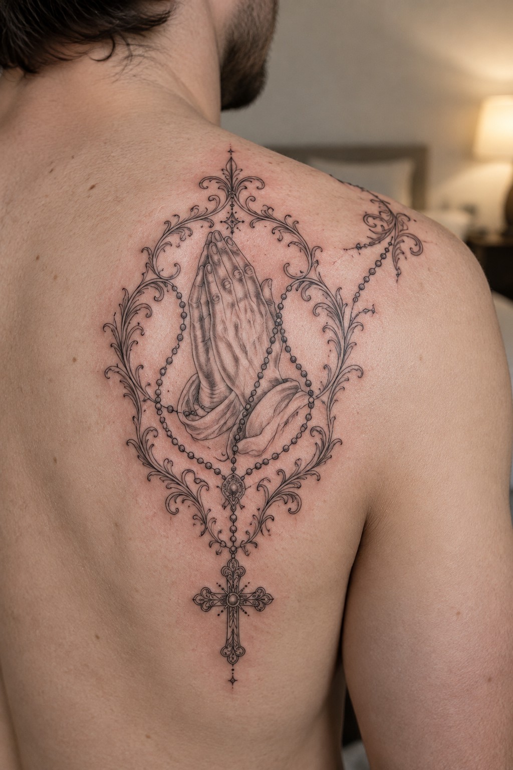 Black and grey tattoo of praying hands framed by rosary beads and an ornate cross on a man's upper back