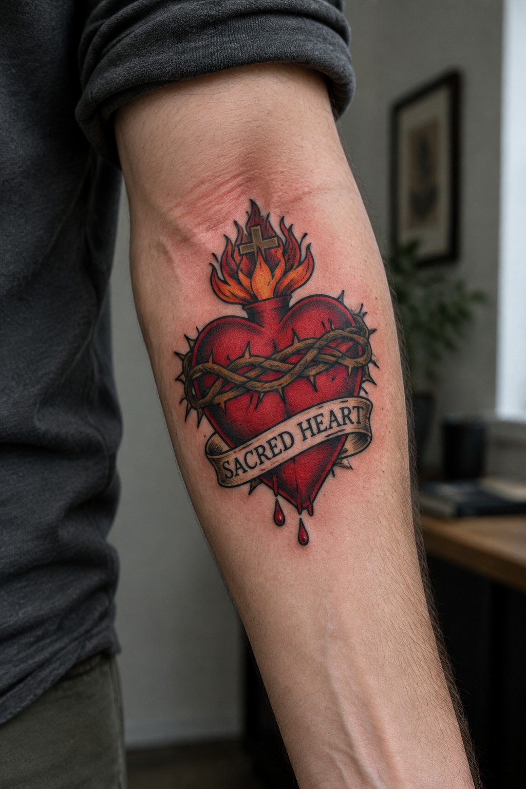 Neo traditional sacred heart tattoo on a man's inner upper arm showing a red heart with thorns, flames, a cross, and a banner that reads sacred heart.