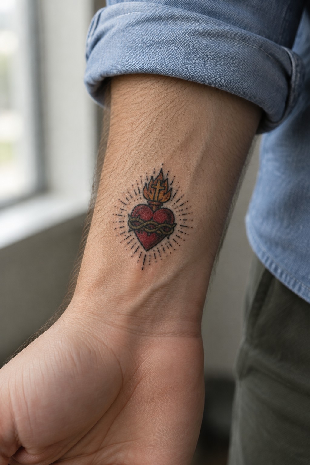 Neo-traditional sacred heart tattoo on inner wrist with red heart, thorns, flames, and cross