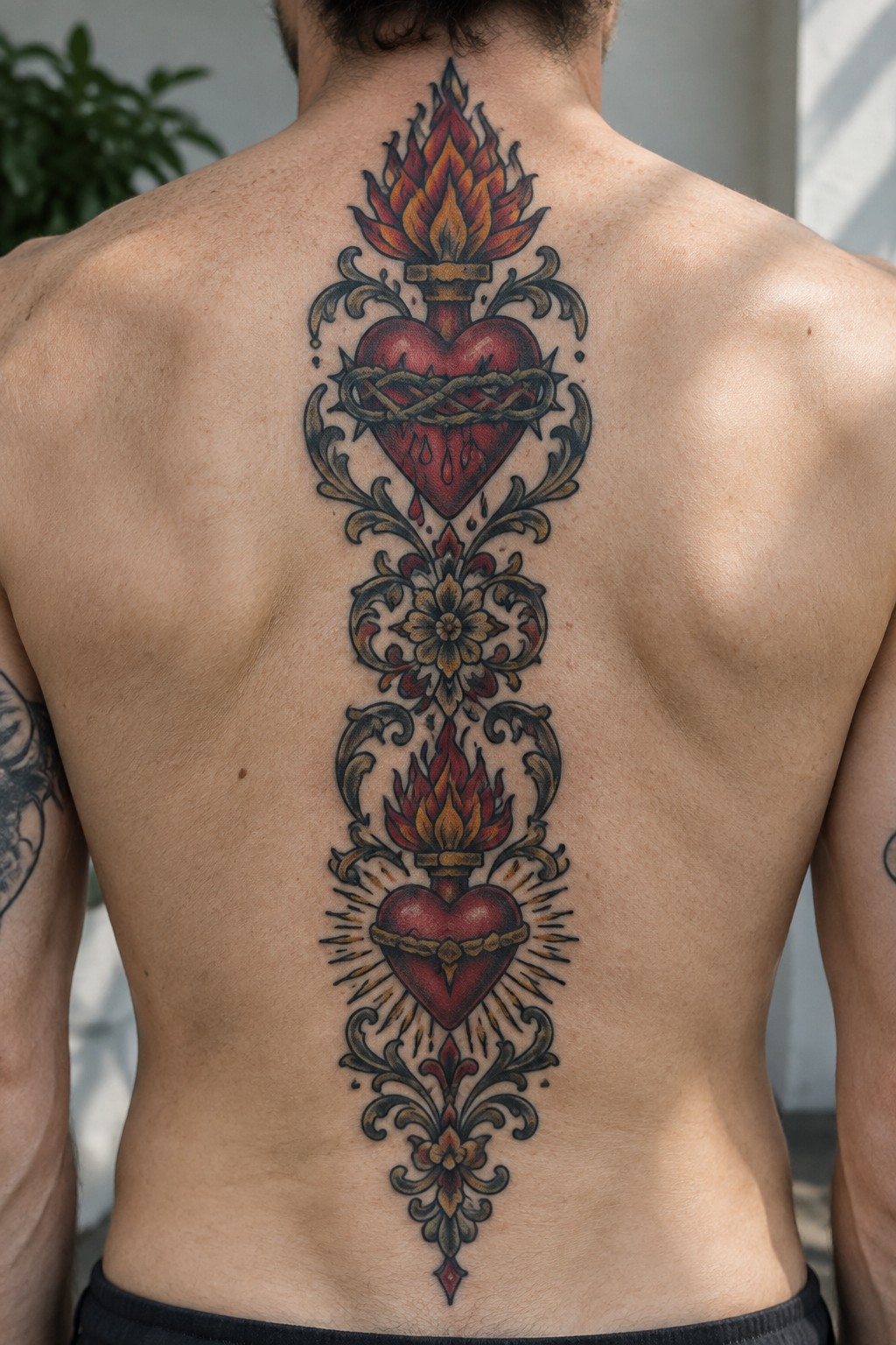 Elaborate vertical tattoo of two flaming hearts with thorns and floral scrolls on man's back