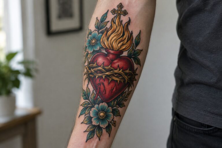 Red sacred heart tattoo with thorns, flaming cross, and blue flowers on arm.