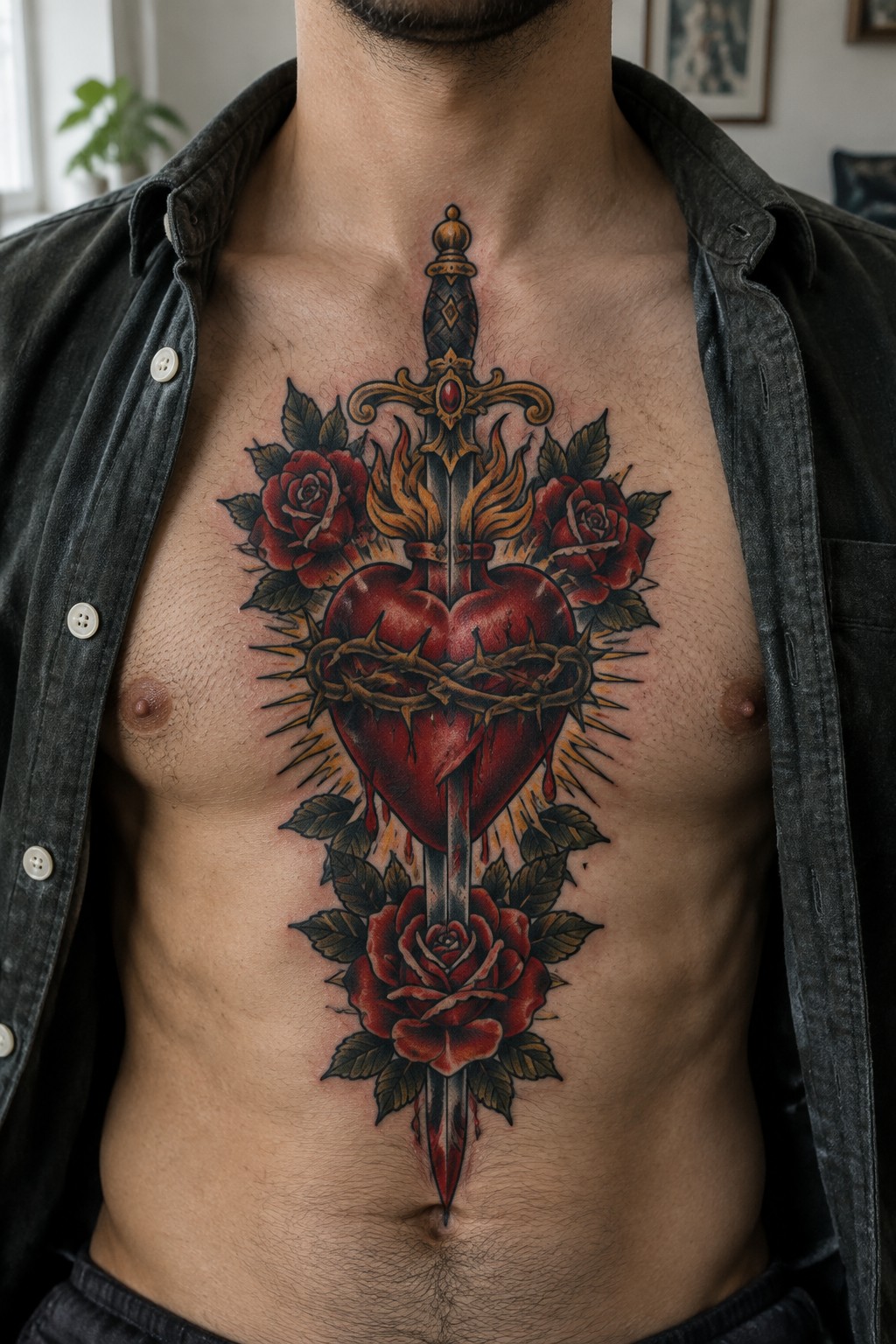 Open dark shirt reveals vibrant chest tattoo of sword piercing thorny heart amid red roses.