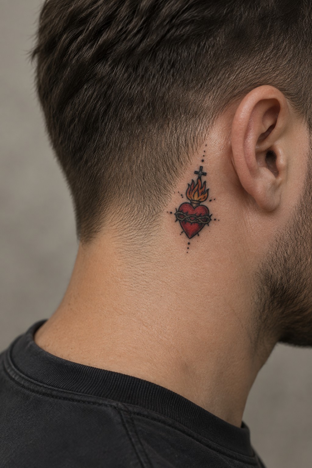 Red sacred heart tattoo with flames, cross, and thorns behind man's ear