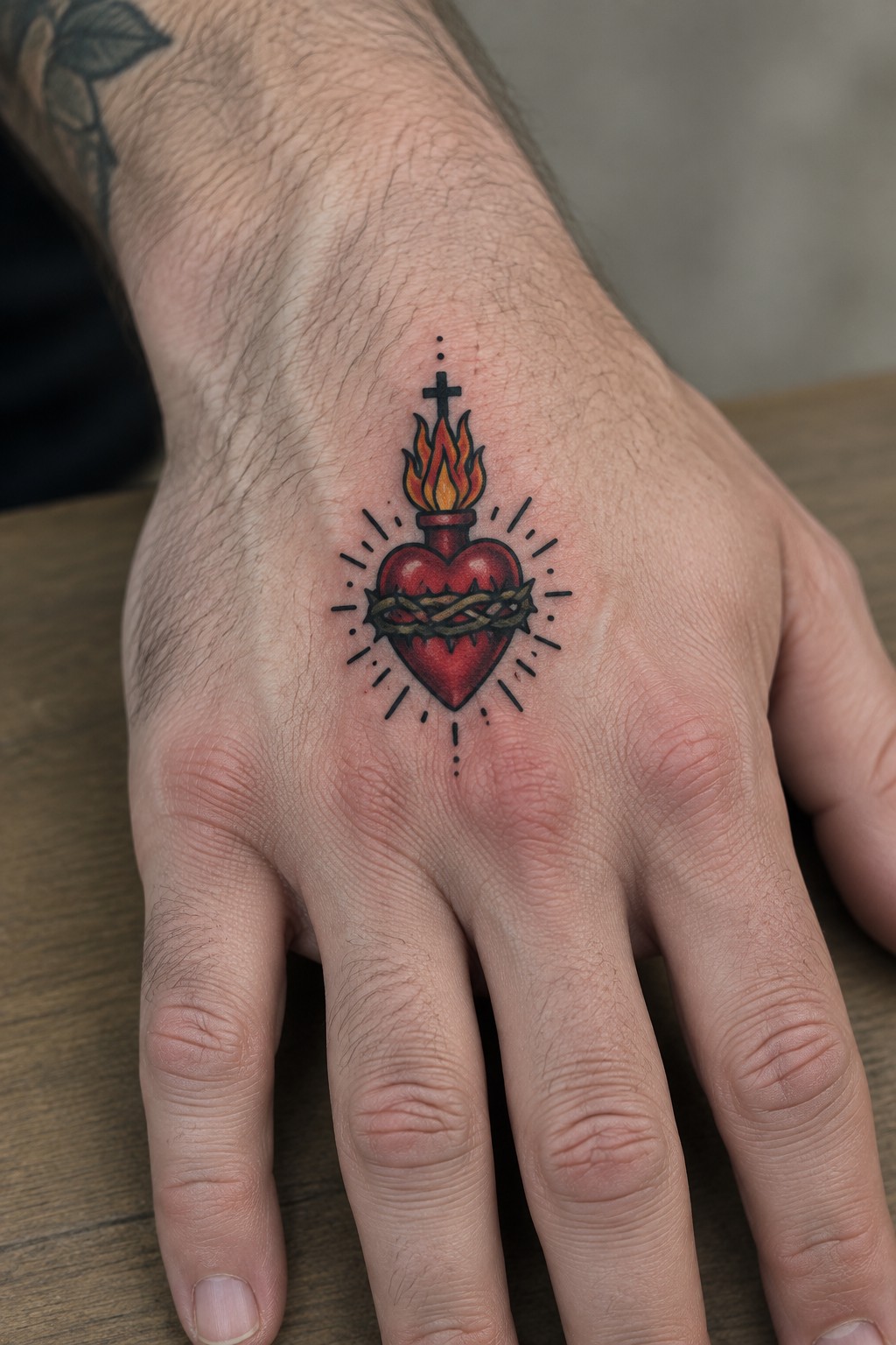 Sacred heart tattoo with flames, cross, and thorns on back of hand