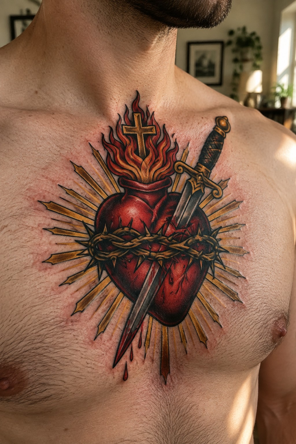 Realistic tattoo of red sacred heart with dagger, thorns, flames and cross on chest